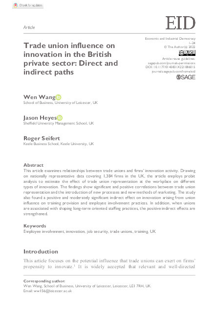 Trade union influence on innovation in the British private sector: Direct and indirect paths Thumbnail