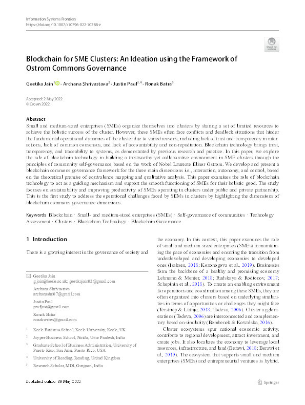 Blockchain for SME Clusters: An ideation using the framework of Ostrom Commons Governance Thumbnail