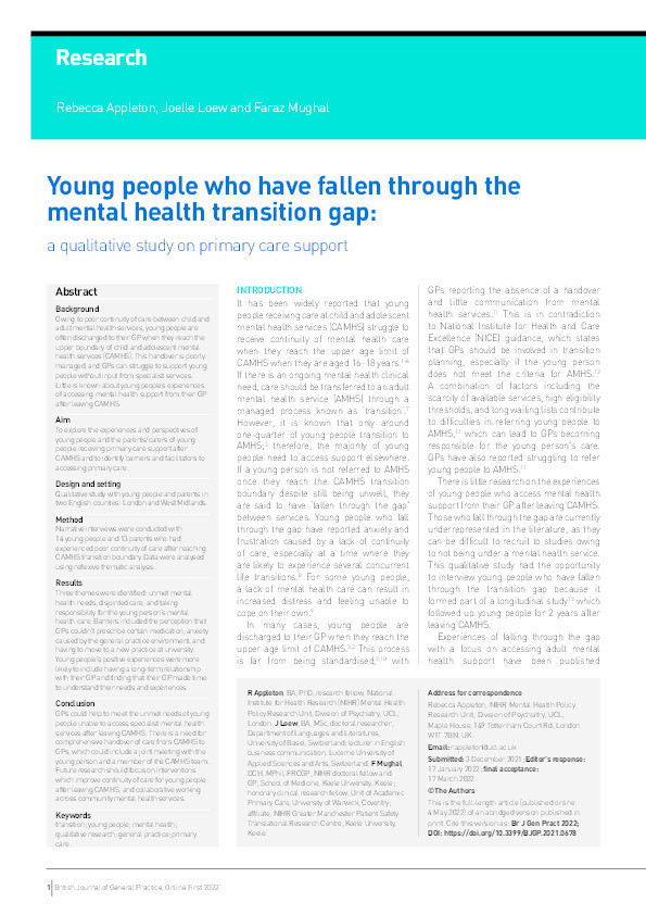 Young people who have fallen through the mental health transition gap: a qualitative study on primary care support Thumbnail