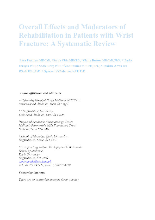 Overall Effects and Moderators of Rehabilitation in Patients With Wrist Fracture: A Systematic Review. Thumbnail