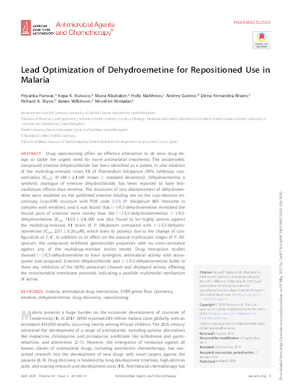 Lead Optimization of Dehydroemetine for Repositioned Use in Malaria. Thumbnail