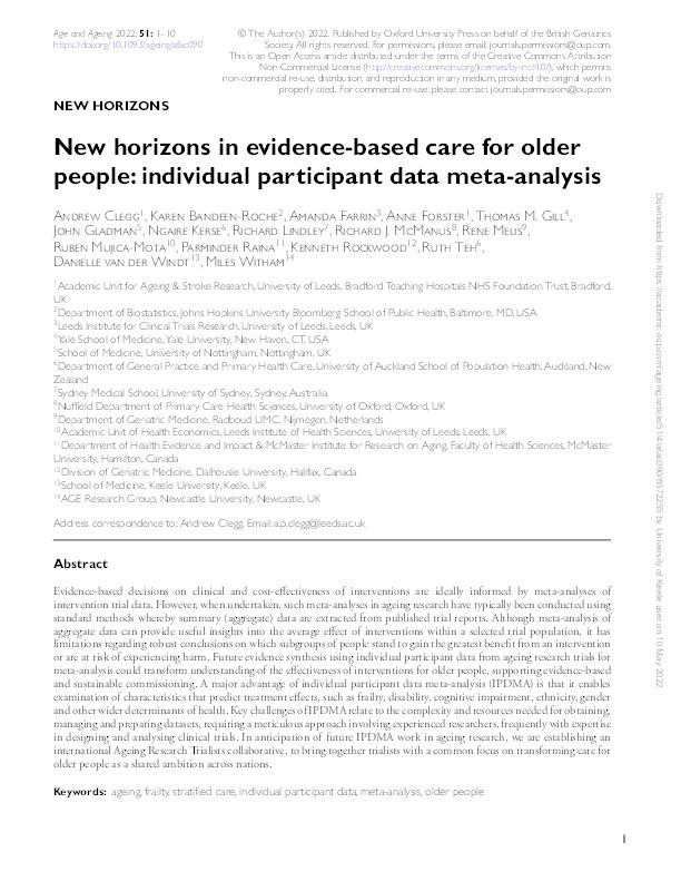 New horizons in evidence-based care for older people: individual participant data meta-analysis Thumbnail