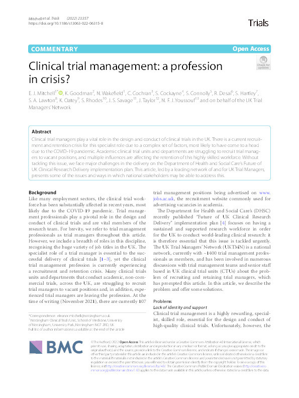 Clinical trial management: a profession in crisis? Thumbnail