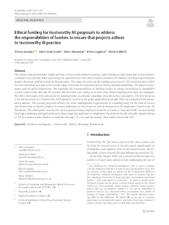 Ethical funding for trustworthy AI: proposals to address the responsibilities of funders to ensure that projects adhere to trustworthy AI practice Thumbnail