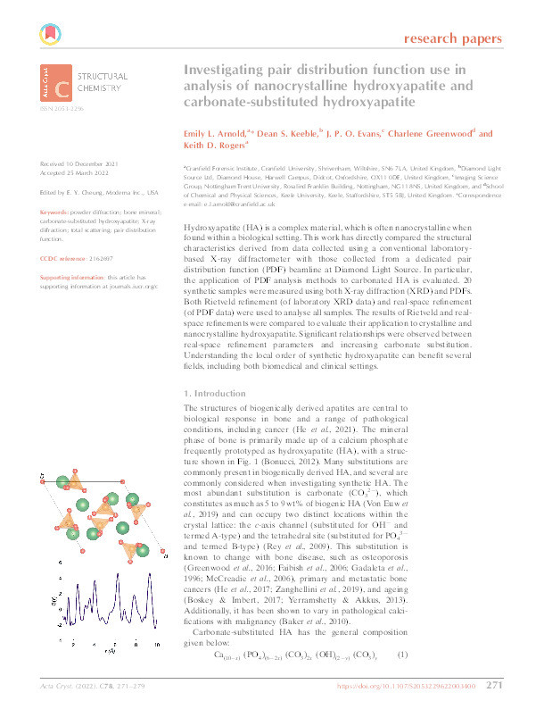 Investigating pair distribution function use in analysis of nanocrystalline hydroxyapatite and carbonate-substituted hydroxyapatite Thumbnail