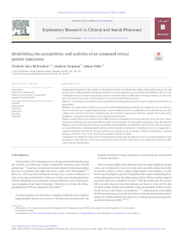 Establishing the acceptability and usability of an animated virtual patient simulation. Thumbnail