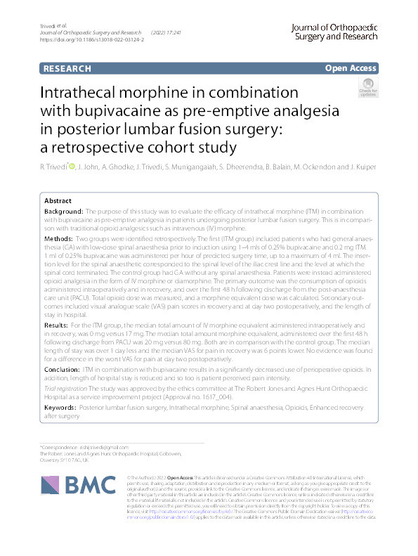 Intrathecal morphine in combination with bupivacaine as pre-emptive analgesia in posterior lumbar fusion surgery: a retrospective cohort study Thumbnail