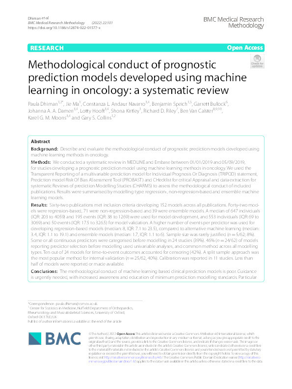 Methodological conduct of prognostic prediction models developed using machine learning in oncology: a systematic review. Thumbnail