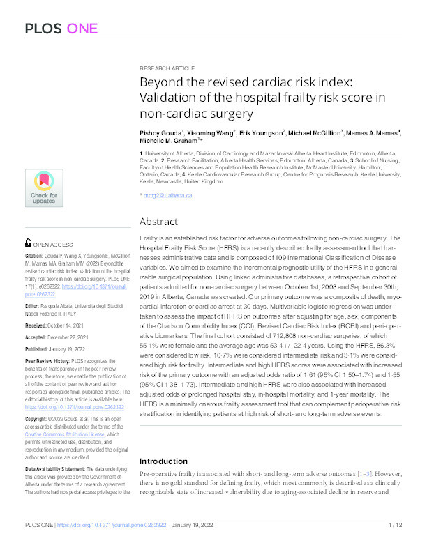 Beyond the revised cardiac risk index: Validation of the hospital frailty risk score in non-cardiac surgery Thumbnail
