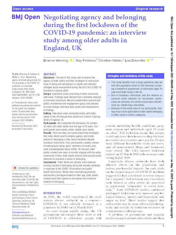 Negotiating agency and belonging during the first lockdown of the COVID-19 pandemic: an interview study among older adults in England, UK. Thumbnail