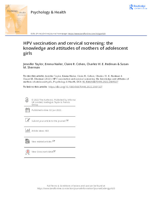 HPV vaccination and cervical screening: the knowledge and attitudes of mothers of adolescent girls Thumbnail
