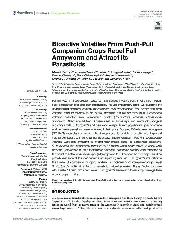 Bioactive Volatiles From Push-Pull Companion Crops Repel Fall Armyworm and Attract Its Parasitoids Thumbnail