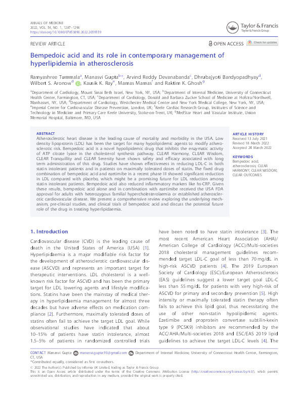 Bempedoic acid and its role in contemporary management of hyperlipidemia in atherosclerosis. Thumbnail