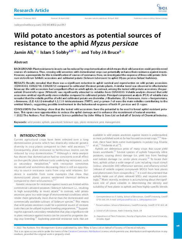 Wild potato ancestors as potential sources of resistance to the aphid Myzus persicae. Thumbnail