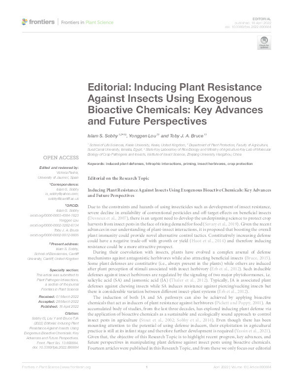 Editorial: Inducing Plant Resistance Against Insects Using Exogenous Bioactive Chemicals: Key Advances and Future Perspectives. Thumbnail