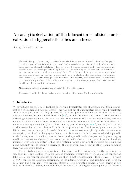 An analytic derivation of the bifurcation conditions for localization in hyperelastic tubes and sheets Thumbnail