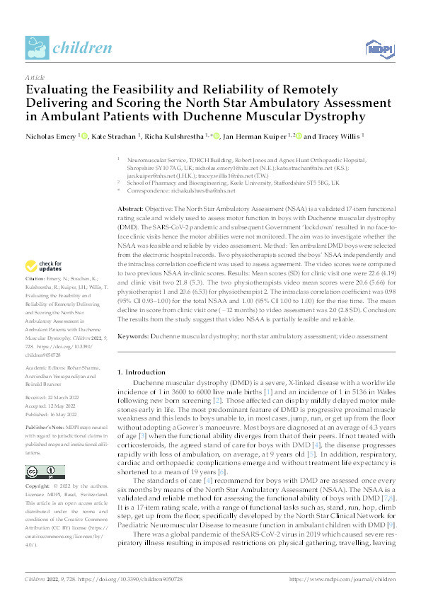 Evaluating the Feasibility and Reliability of Remotely Delivering and Scoring the North Star Ambulatory Assessment in Ambulant Patients with Duchenne Muscular Dystrophy Thumbnail
