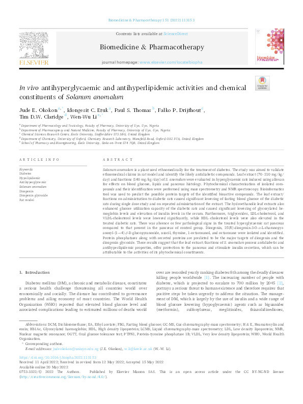 In vivo antihyperglycaemic and antihyperlipidemic activities and chemical constituents of Solanum anomalum Thumbnail