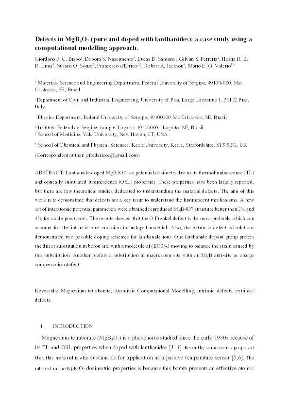 Defects in MgB4O7 (pure and doped with lanthanides): A case study using a computational modelling approach Thumbnail