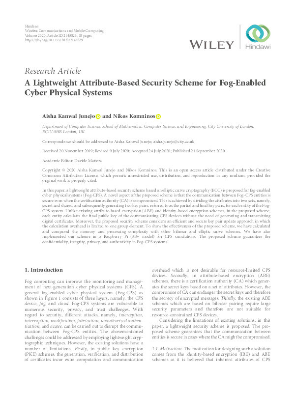 A Lightweight Attribute-Based Security Scheme for Fog-Enabled Cyber Physical Systems Thumbnail
