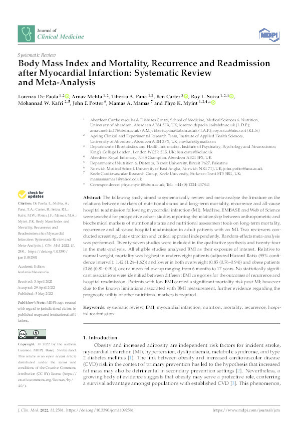 Body Mass Index and Mortality, Recurrence and Readmission after Myocardial Infarction: Systematic Review and Meta-Analysis Thumbnail