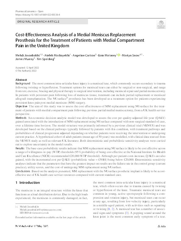 Cost-Effectiveness Analysis of a Medial Meniscus Replacement Prosthesis for the Treatment of Patients with Medial Compartment Pain in the United Kingdom Thumbnail