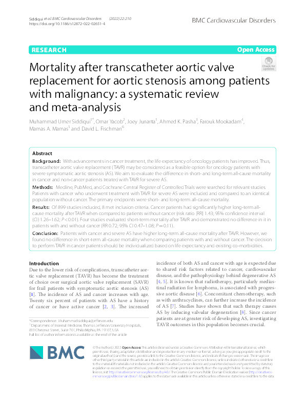 Mortality after transcatheter aortic valve replacement for aortic stenosis among patients with malignancy: a systematic review and meta-analysis Thumbnail