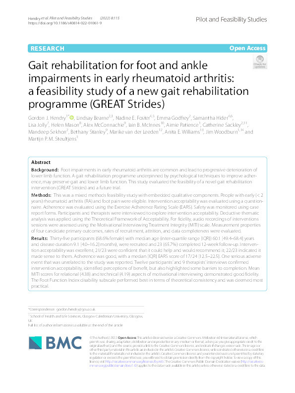 Gait rehabilitation for foot and ankle impairments in early rheumatoid arthritis: a feasibility study of a new gait rehabilitation programme (GREAT Strides) Thumbnail