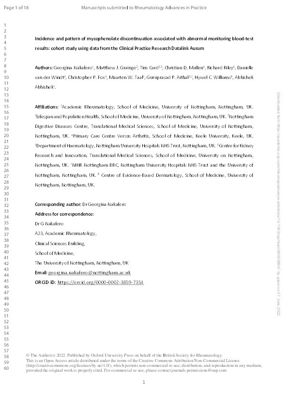 Incidence and pattern of mycophenolate discontinuation associated with abnormal monitoring blood-test results: cohort study using data from the Clinical Practice Research Datalink Aurum Thumbnail