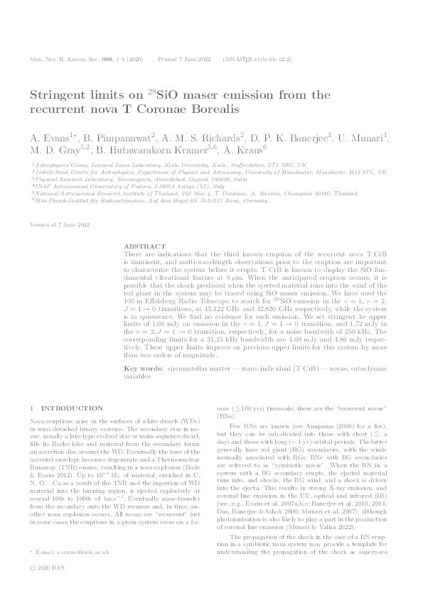 Stringent limits on 28SiO maser emission from the recurrent nova T Coronae Borealis Thumbnail