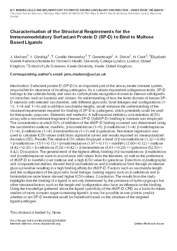 Characterisation of the Structural Requirements for the Immunomodulatory Surfactant Protein D (SP-D) to Bind to Maltose Based Ligands Thumbnail