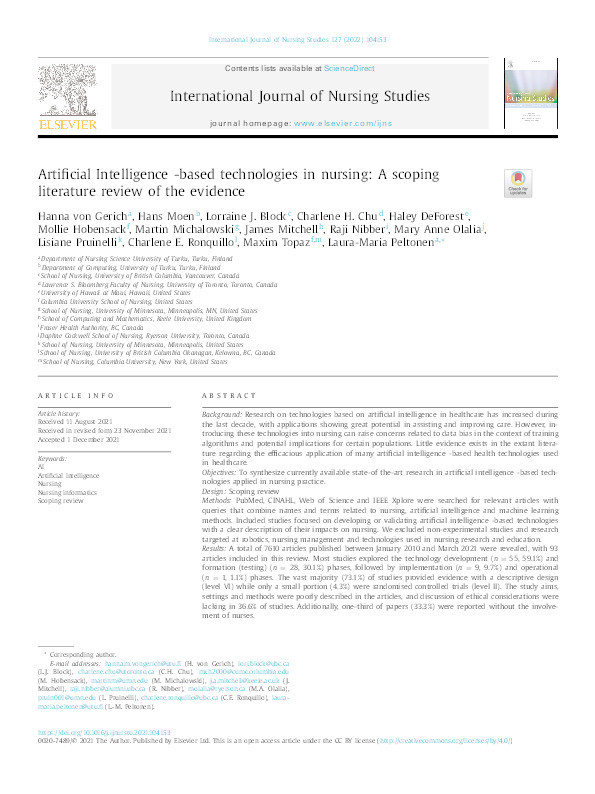 Artificial Intelligence -based technologies in nursing: A scoping literature review of the evidence Thumbnail
