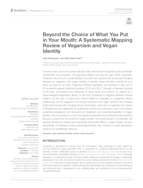 Beyond the Choice of What You Put in Your Mouth: A Systematic Mapping Review of Veganism and Vegan Identity Thumbnail