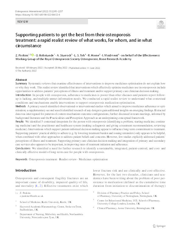 Supporting patients to get the best from their osteoporosis treatment; what works for whom, why and in what circumstance: a rapid realist review Thumbnail