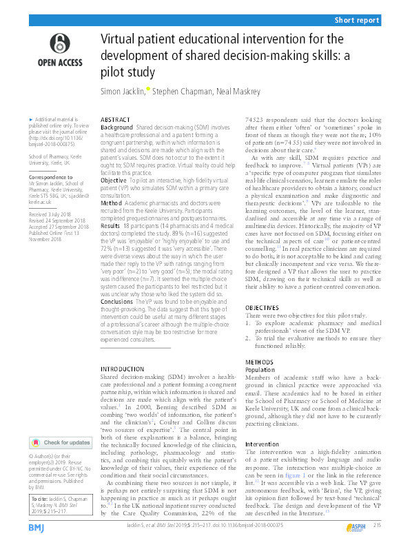 Virtual patient educational intervention for the development of shared decision-making skills: a pilot study. Thumbnail