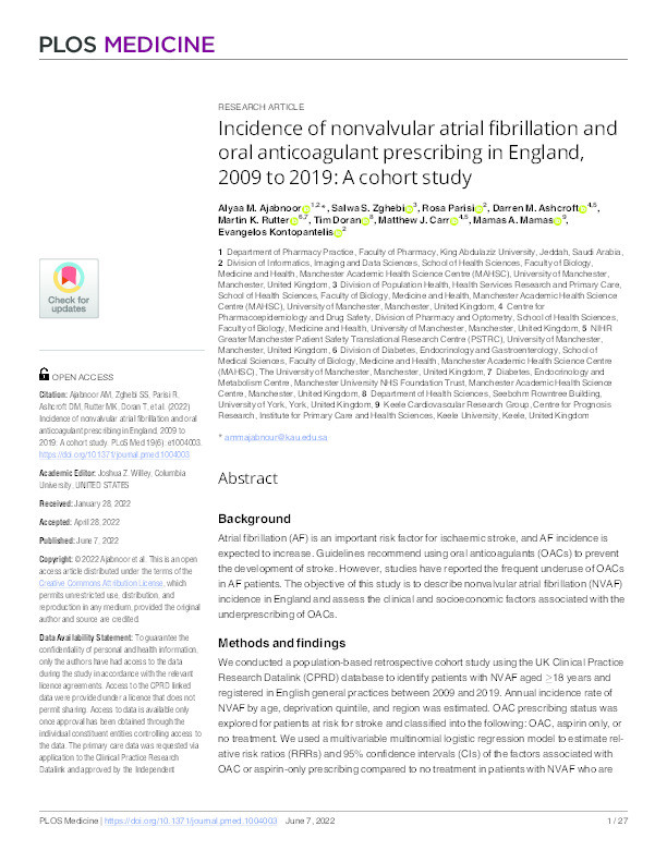 Incidence of nonvalvular atrial fibrillation and oral anticoagulant prescribing in England, 2009 to 2019: A cohort study. Thumbnail