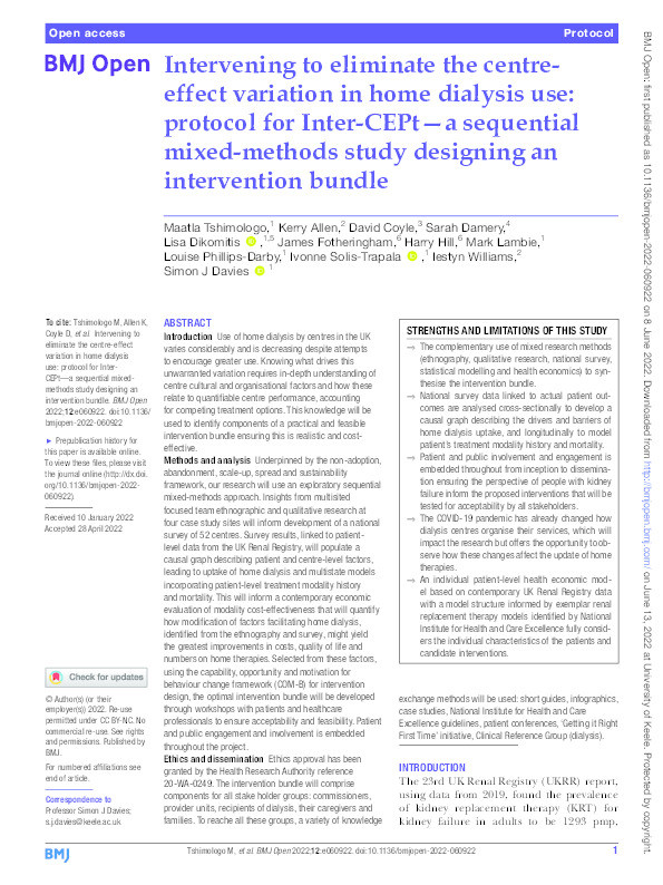 Intervening to eliminate the centre-effect variation in home dialysis use: protocol for Inter-CEPt—a sequential mixed-methods study designing an intervention bundle Thumbnail