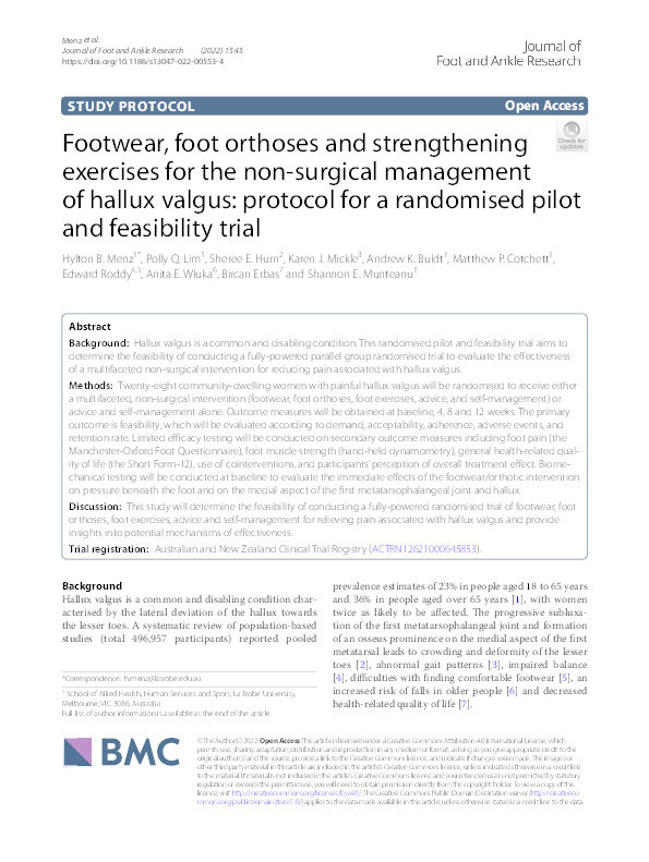 Footwear, foot orthoses and strengthening exercises for the non-surgical management of hallux valgus: protocol for a randomised pilot and feasibility trial Thumbnail