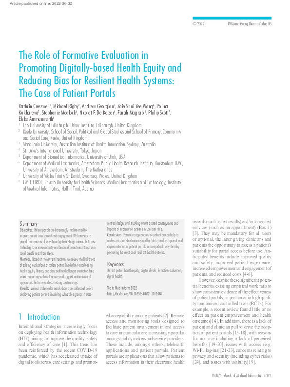 The Role of Formative Evaluation in Promoting Digitally-based Health Equity and Reducing Bias for Resilient Health Systems: The Case of Patient Portals. Thumbnail