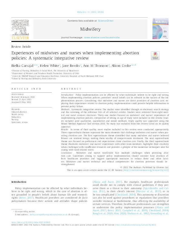 Experiences of midwives and nurses when implementing abortion policies: A systematic integrative review. Thumbnail