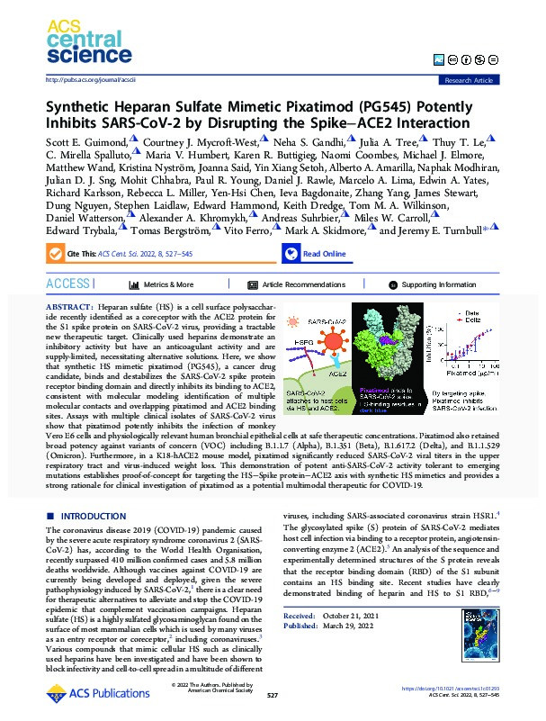 Synthetic Heparan Sulfate Mimetic Pixatimod (PG545) Potently Inhibits SARS-CoV-2 by Disrupting the Spike-ACE2 Interaction. Thumbnail