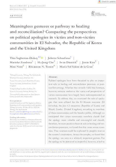 Meaningless gestures or pathway to healing and reconciliation? Comparing the perspectives on political apologies in victim and non-victim communities in El Salvador, the Republic of Korea, and the United Kingdom Thumbnail
