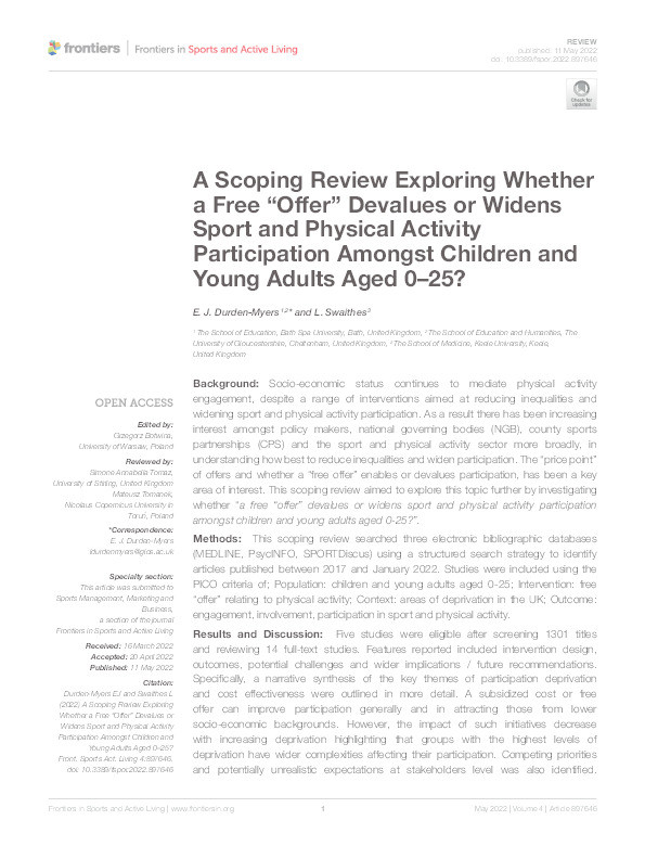 A Scoping Review Exploring Whether a Free “Offer” Devalues or Widens Sport and Physical Activity Participation Amongst Children and Young Adults Aged 0–25? Thumbnail