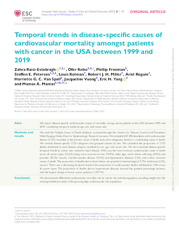 Temporal trends in disease-specific causes of cardiovascular mortality amongst patients with cancer in the USA between 1999 and 2019 Thumbnail