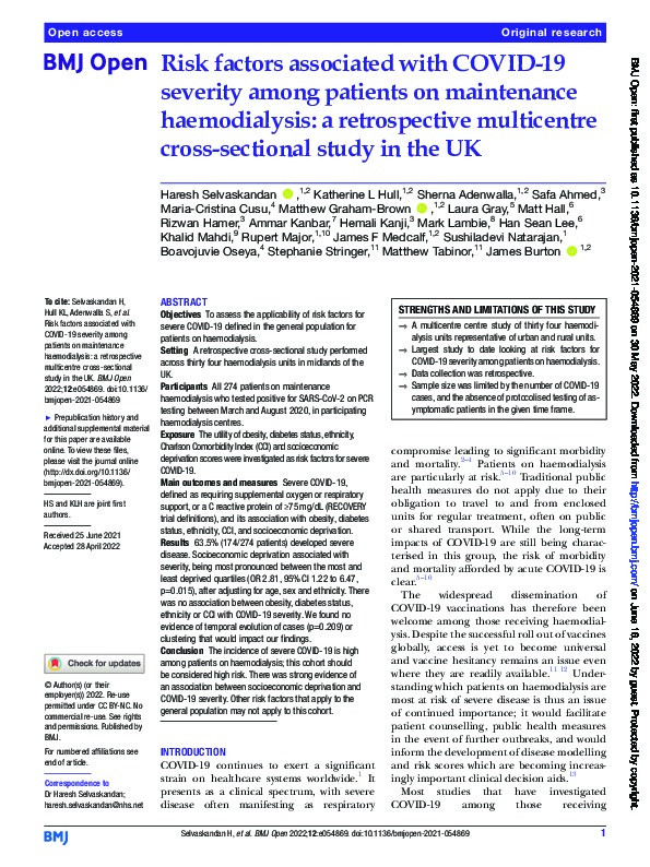 Risk factors associated with COVID-19 severity among patients on maintenance haemodialysis: a retrospective multicentre cross-sectional study in the UK Thumbnail
