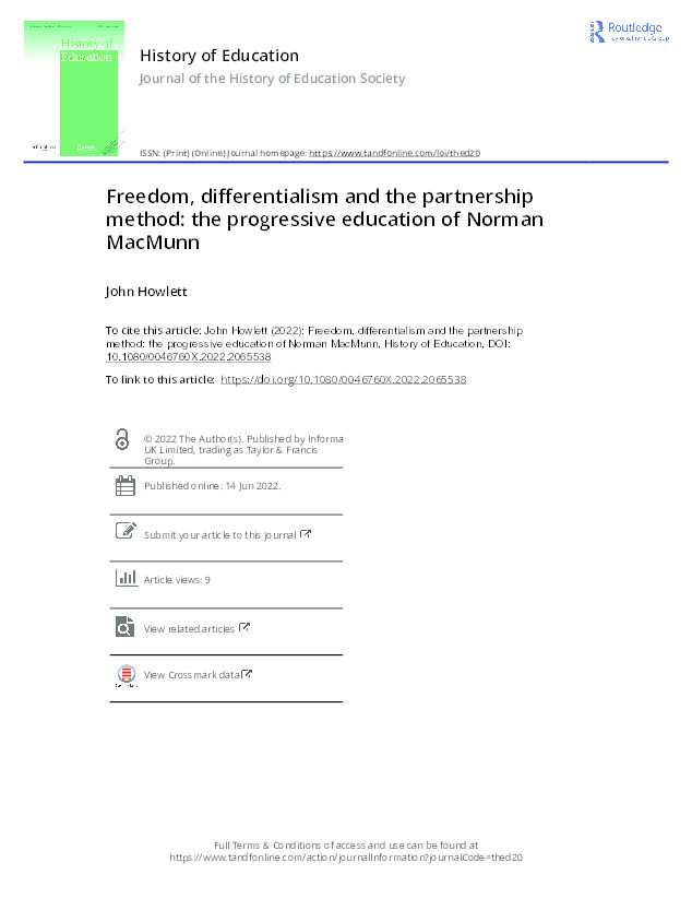 Freedom, differentialism and the partnership method: the progressive education of Norman MacMunn Thumbnail