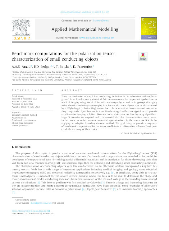 Benchmark computations for the polarization tensor characterization of small conducting objects Thumbnail