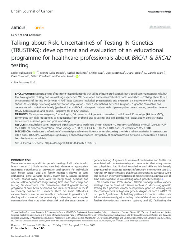 Talking about Risk, UncertaintieS of Testing IN Genetics (TRUSTING): development and evaluation of an educational programme for healthcare professionals about BRCA1 &amp; BRCA2 testing Thumbnail