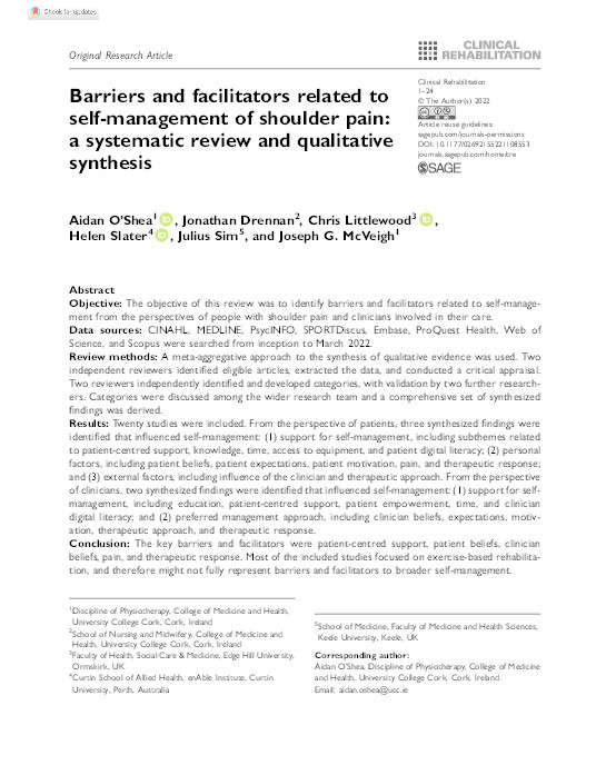 Barriers and facilitators related to self-management of shoulder pain: a systematic review and qualitative synthesis. Thumbnail