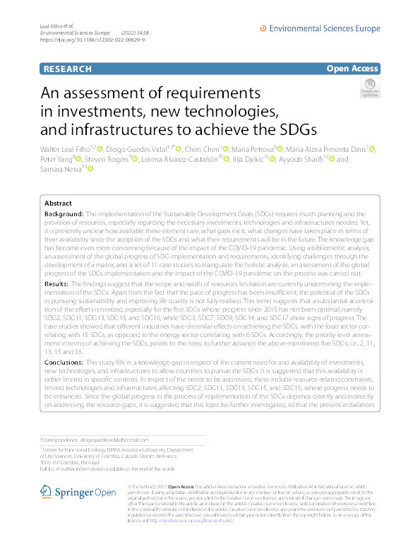 An assessment of requirements in investments, new technologies, and infrastructures to achieve the SDGs Thumbnail